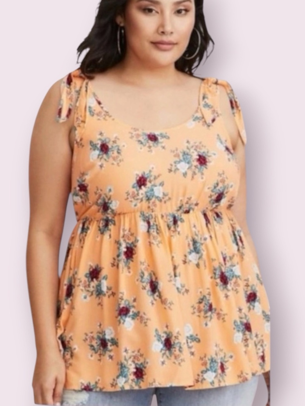 Torrid Babydoll Challis Floral Tank Top Tie Straps Peach Size 1X  14/16